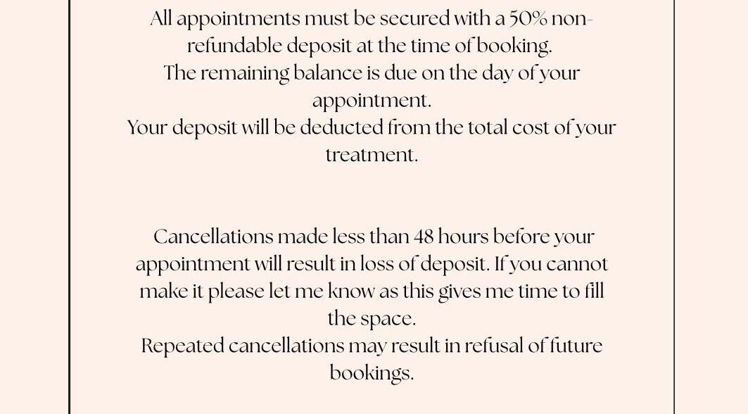 LF Beautyy deposit and cancellation policy in Dundonald, Northern Ireland, GB.