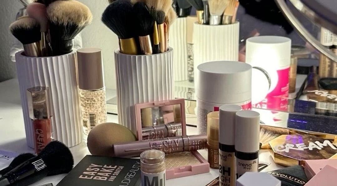 Makeup tools and products neatly arranged at Beaute by Romi, Leeds, England, GB enhancing beauty experience.