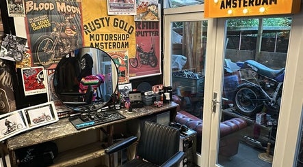 Eclectic barber station with vintage decor at The Wolf Barber Shop, Amsterdam, Noord-Holland, NL.
