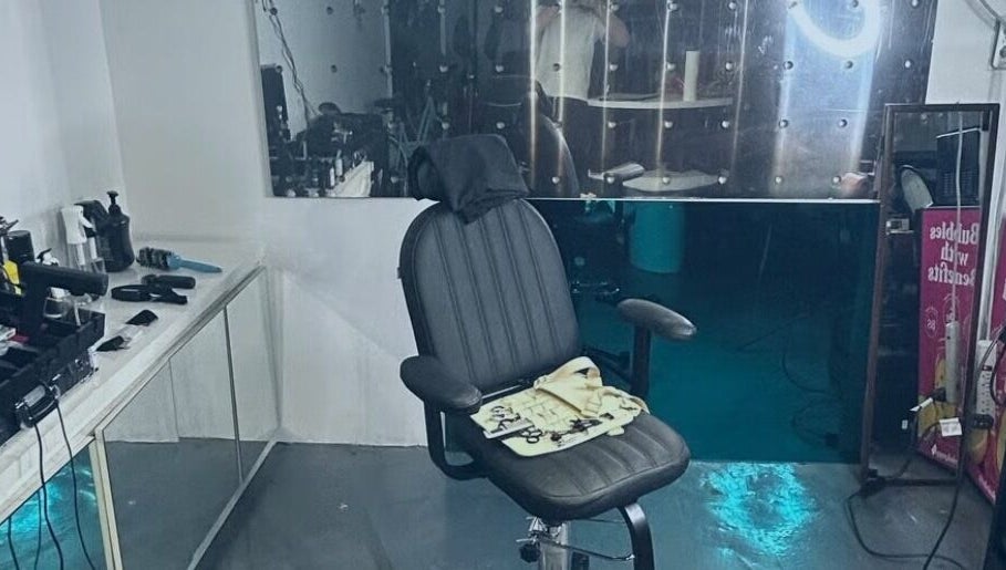 Modern barber chair and grooming tools at Payso Cuts, New York, New York, US.