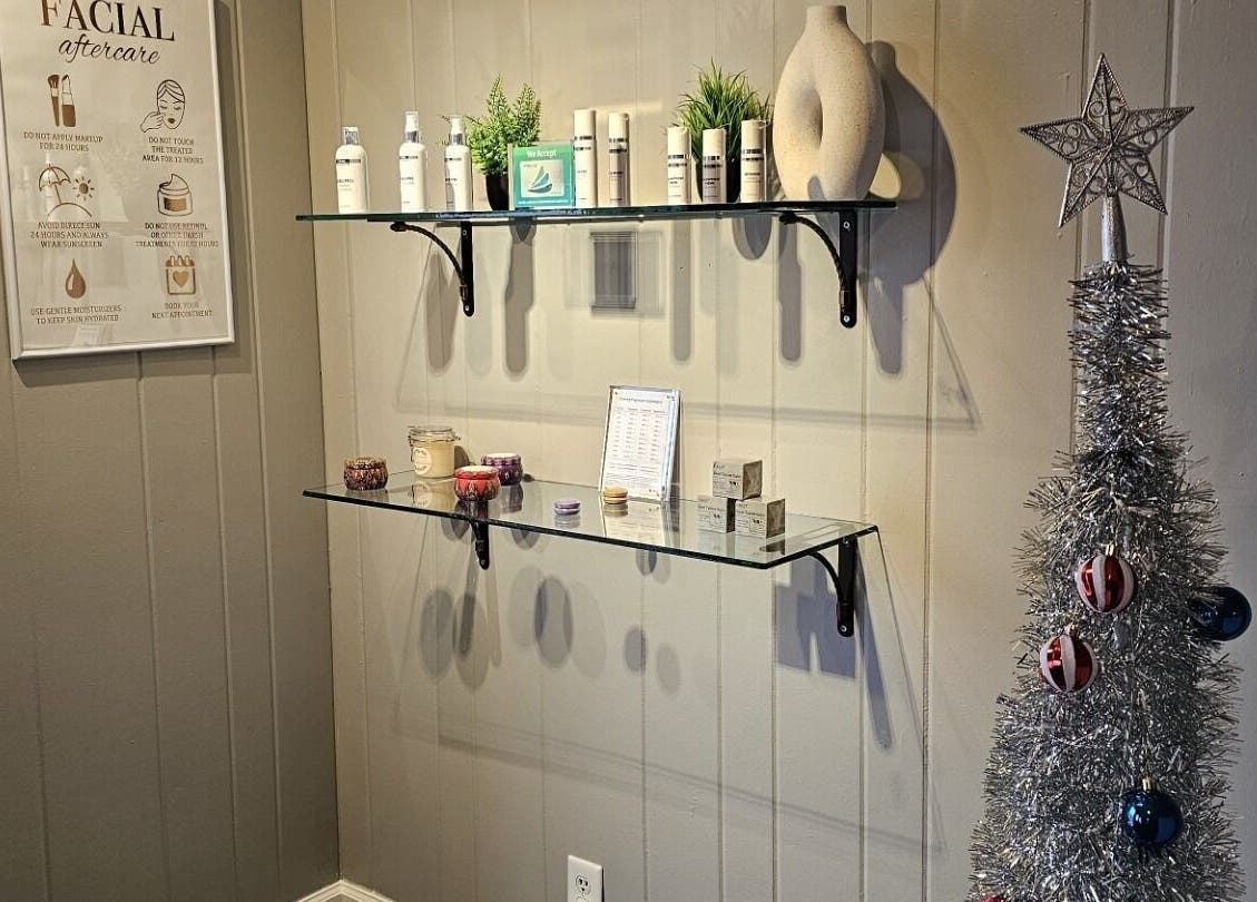 Elegant product shelves at The Sculpting Art Day Spa, Hendersonville, TN, US, showcasing skincare essentials.
