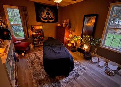 Relaxing massage room at Falling Waters Massage, Mad Lasher studio, Wilmington, North Carolina, US.