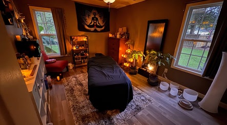 Relaxing massage room at Falling Waters Massage, Mad Lasher studio, Wilmington, North Carolina, US.