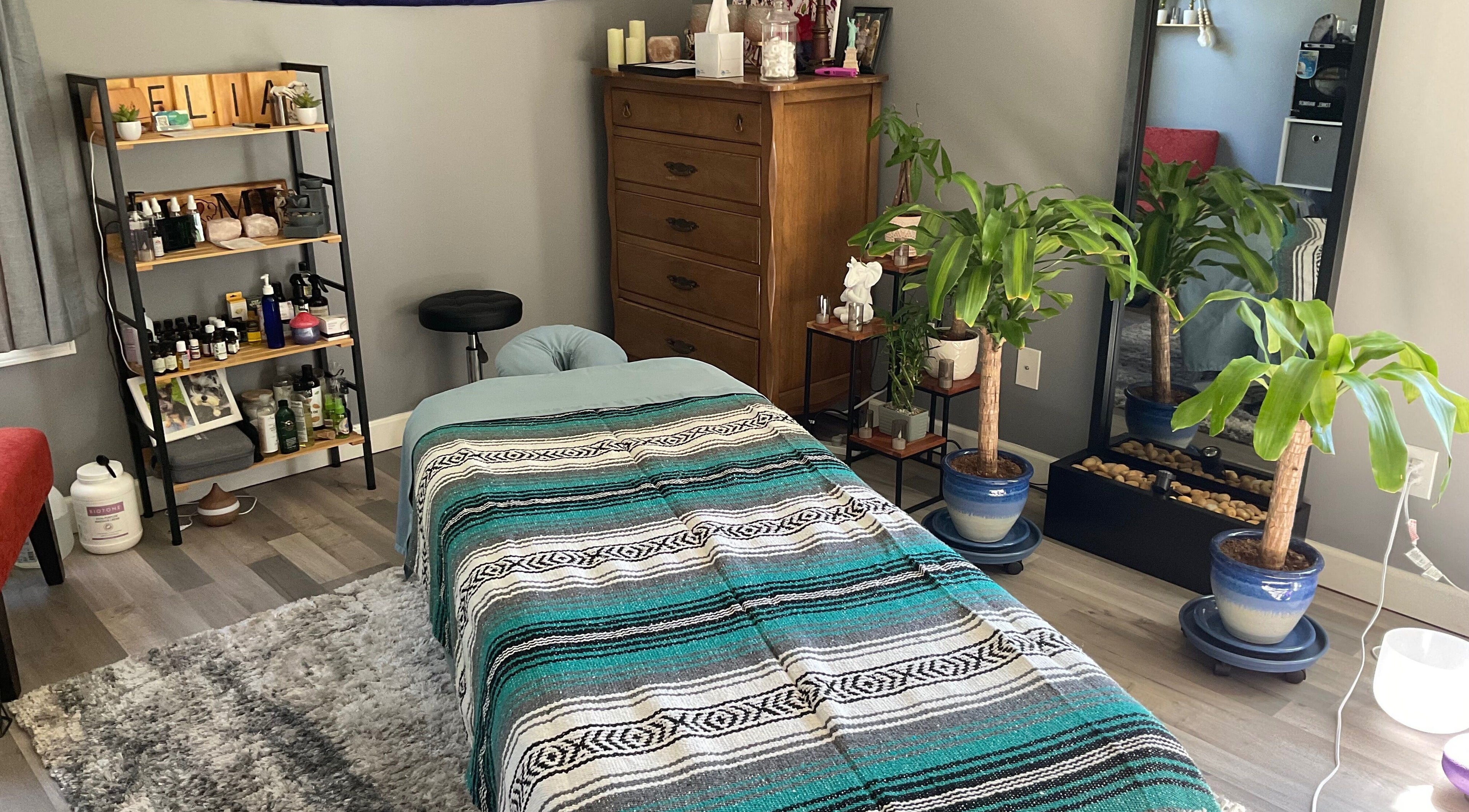 Relaxing massage room at Falling Waters Massage, Rocky Point, North Carolina, US, with cozy decor and plants.
