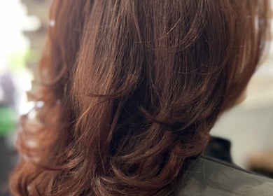 Close-up of beautifully styled hair at R & R Hair Studios, Cardross, Scotland, GB.