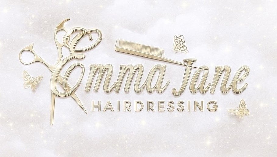 Elegant gold logo of EmmaJane Hairdressing, Alexandria, Scotland, GB with scissors and butterflies.