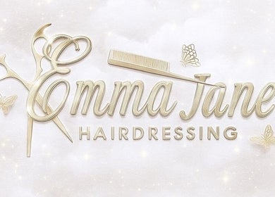 Elegant gold logo of EmmaJane Hairdressing, Alexandria, Scotland, GB with scissors and butterflies.