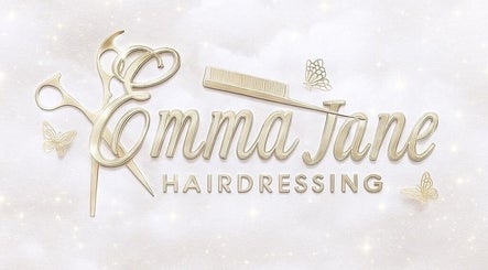 Elegant gold logo of EmmaJane Hairdressing, Alexandria, Scotland, GB with scissors and butterflies.