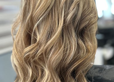 Stylish blonde waves at EmmaJane Hairdressing, Alexandria, Scotland, GB salon.