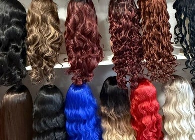 Diverse wigs on display at Johanna Wigs, Hamilton, Ontario, CA. Explore vibrant styles and textures.