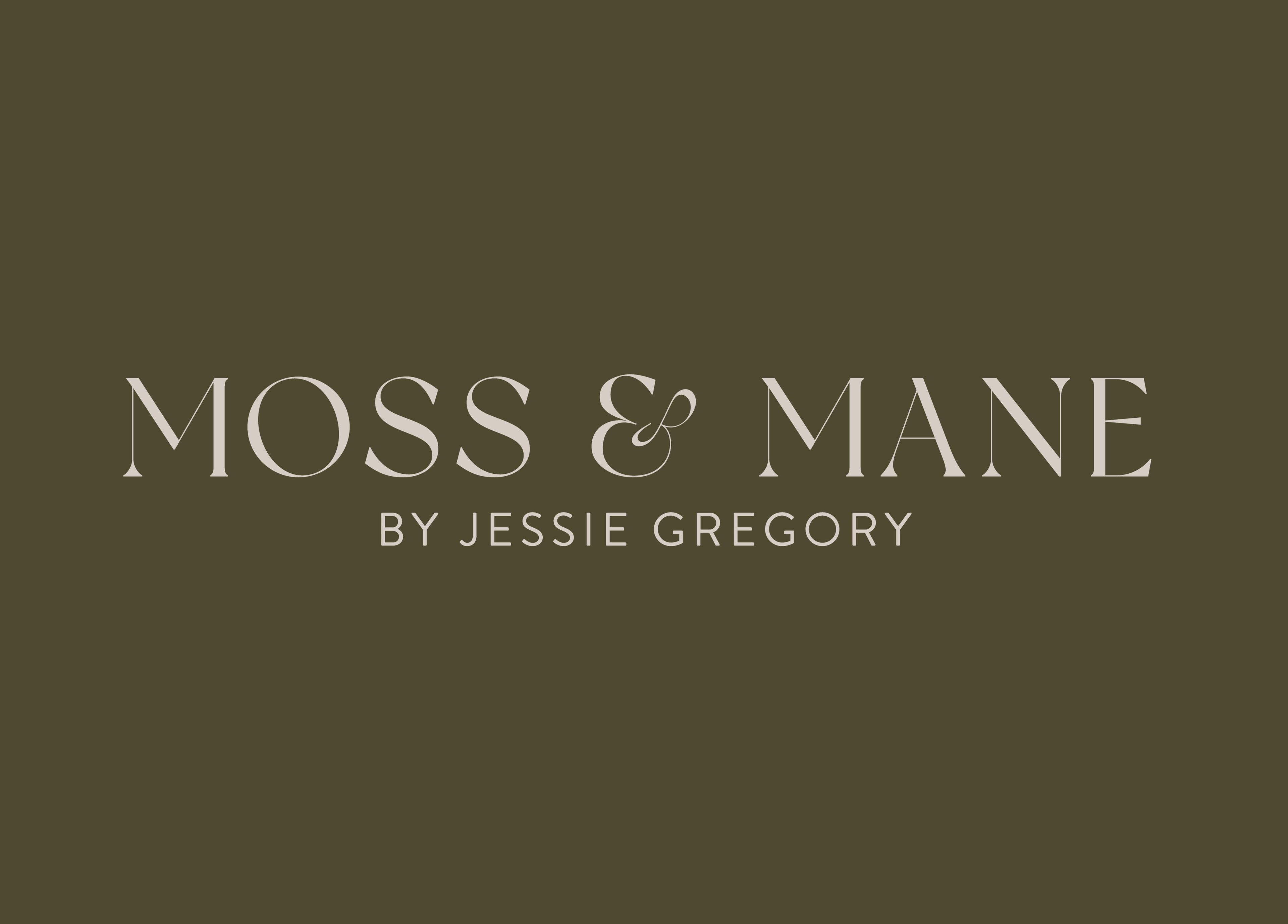 Elegant logo of Moss & Mane by Jessie Gregory in Stourbridge, England, GB on a dark background.