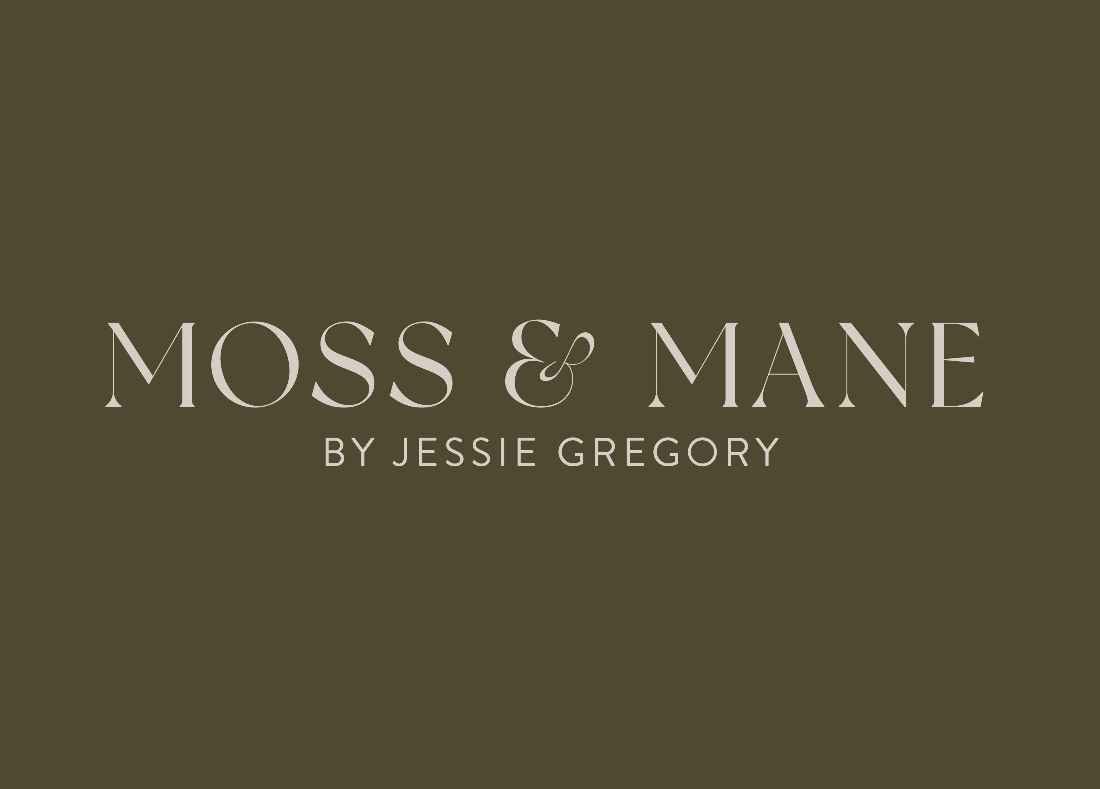 Elegant logo of Moss & Mane by Jessie Gregory in Stourbridge, England, GB on a dark background.