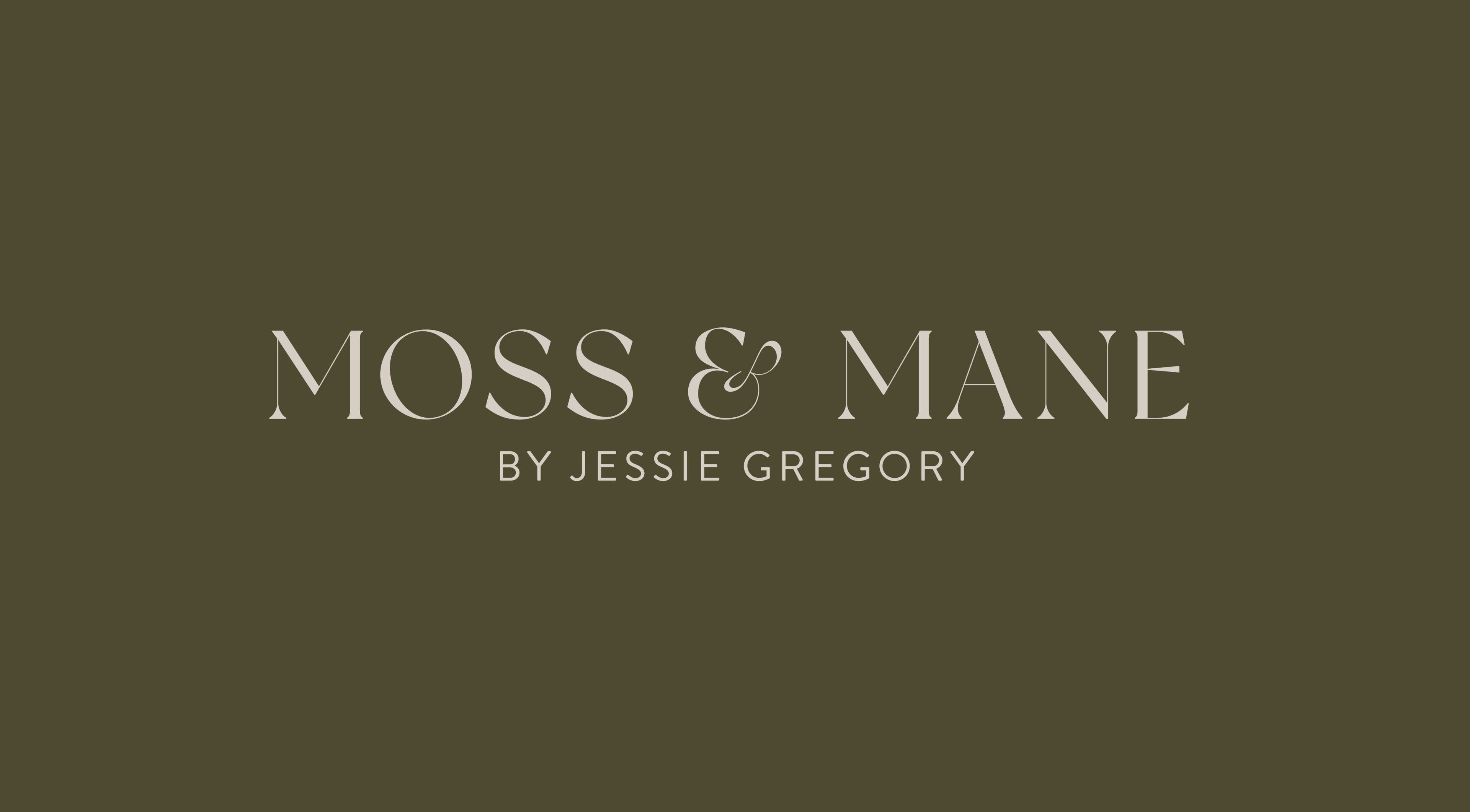 Elegant logo of Moss & Mane by Jessie Gregory in Stourbridge, England, GB on a dark background.