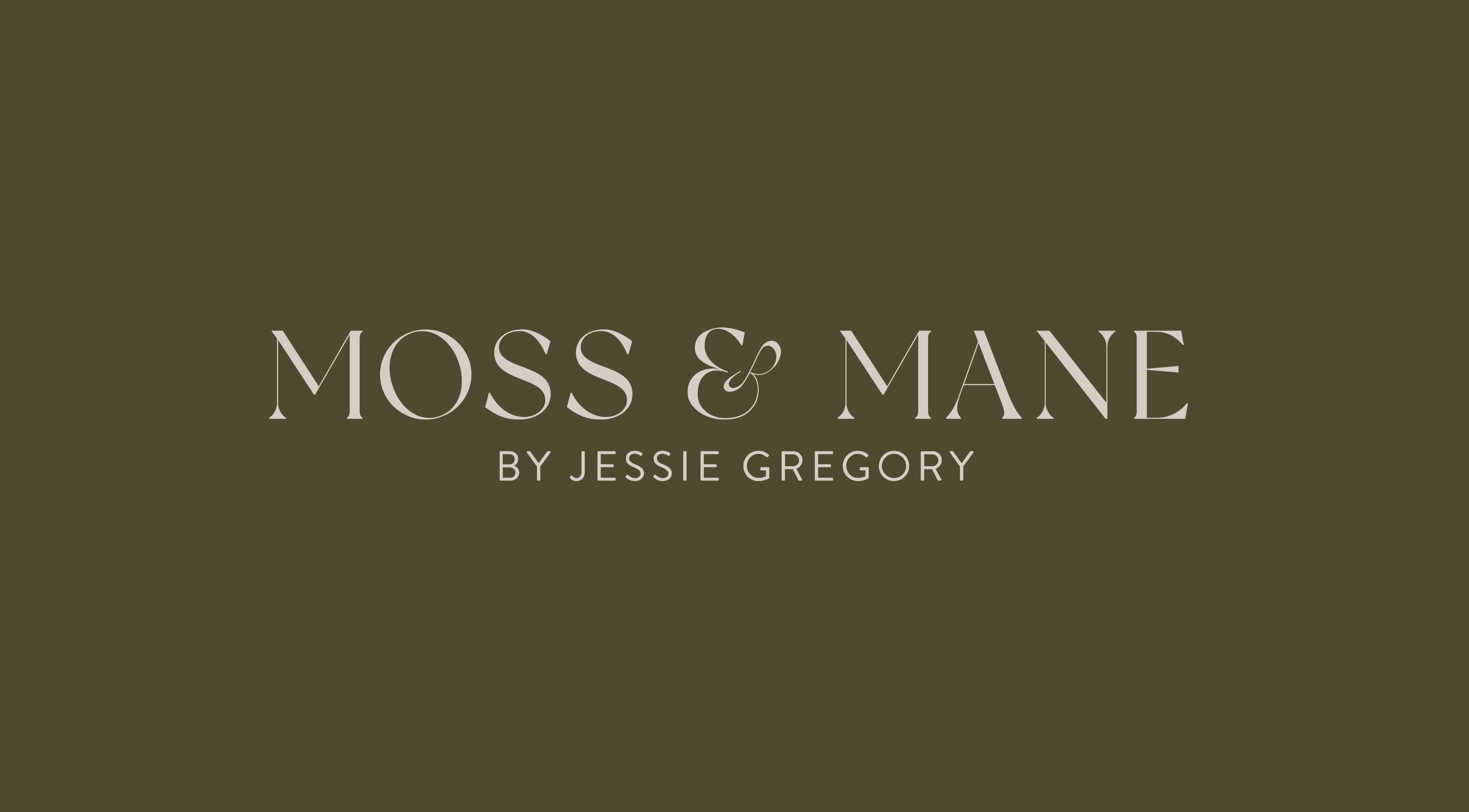 Elegant logo of Moss & Mane by Jessie Gregory in Stourbridge, England, GB on a dark background.