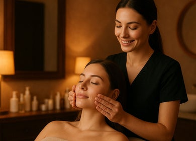 Woman receiving relaxing facial massage at Demo Salon, Coimbra, Coimbra, PT, enhancing beauty and wellbeing.