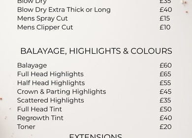 Price list for hair services at JG Hair Company in Yeovil, England, GB, featuring styling and coloring options.