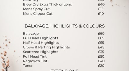 Price list for hair services at JG Hair Company in Yeovil, England, GB, featuring styling and coloring options.