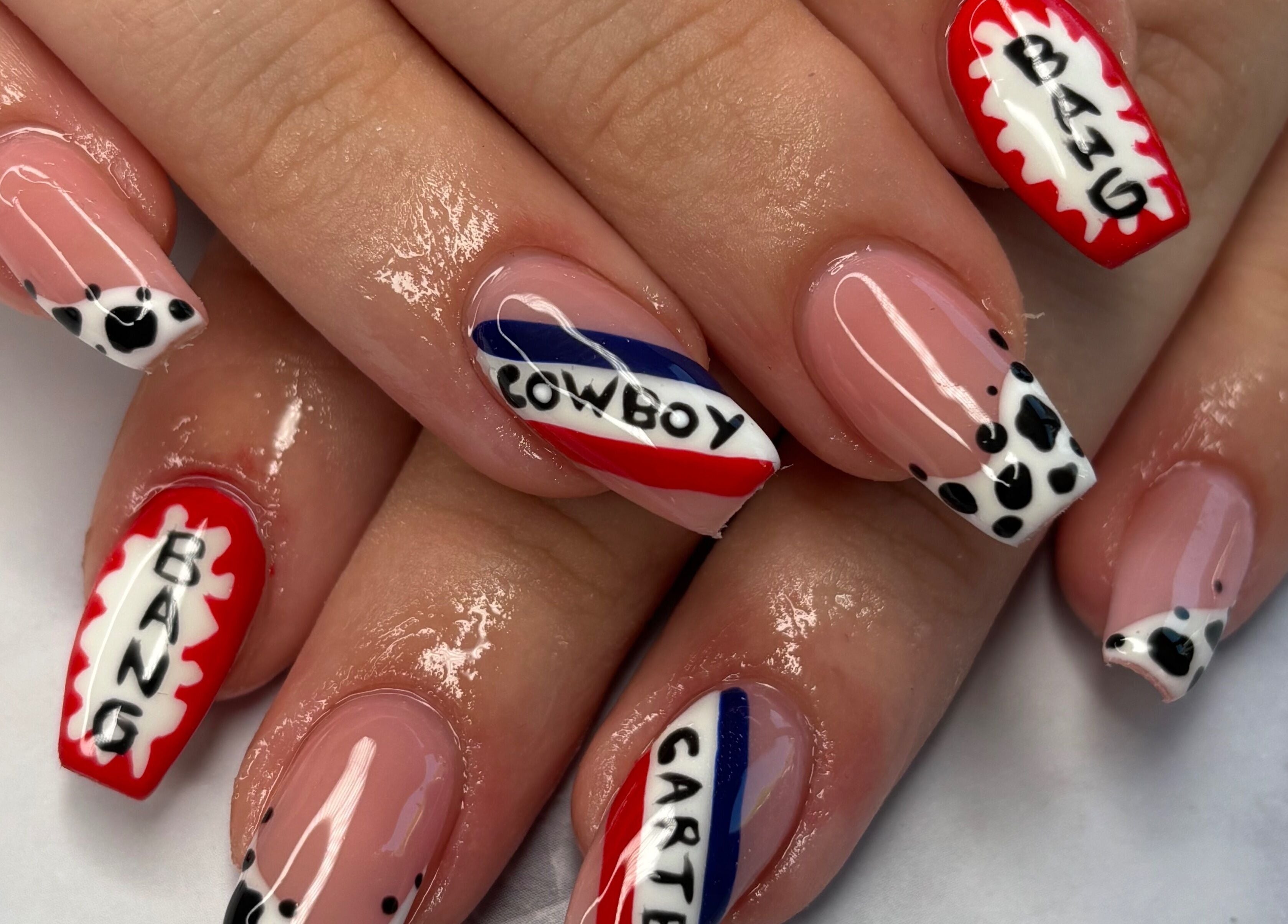 Unique nail art design with bold lettering at Nails By Maisie, South Woodham Ferrers, England, GB.