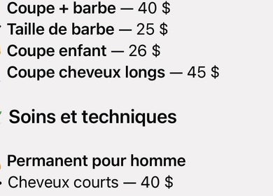 Service menu at Barbershop Clandestin, Québec, featuring haircuts and beard trims.