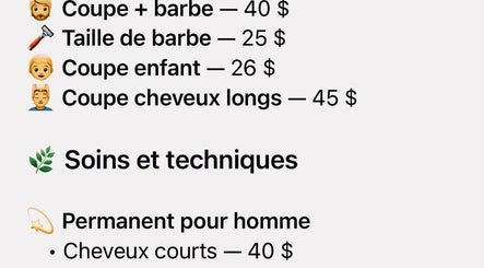 Service menu at Barbershop Clandestin, Québec, featuring haircuts and beard trims.