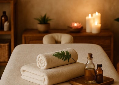 Einladender Massagetisch bei Mobile Massage & Wellness, Berlin, Berlin, DE, mit Kerzen und Ölen.
