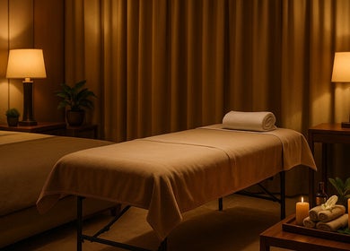 Entspannende Atmosphäre bei Mobile Massage & Wellness in Berlin, Berlin, DE mit Massageliege und Kerzenlicht.