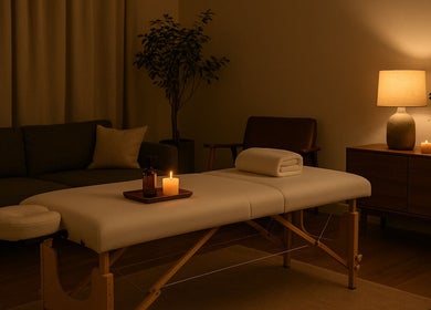 Gemütlicher Massageraum bei Mobile Massage & Wellness in Berlin, Berlin, DE mit Kerzenbeleuchtung und Pflanzen.