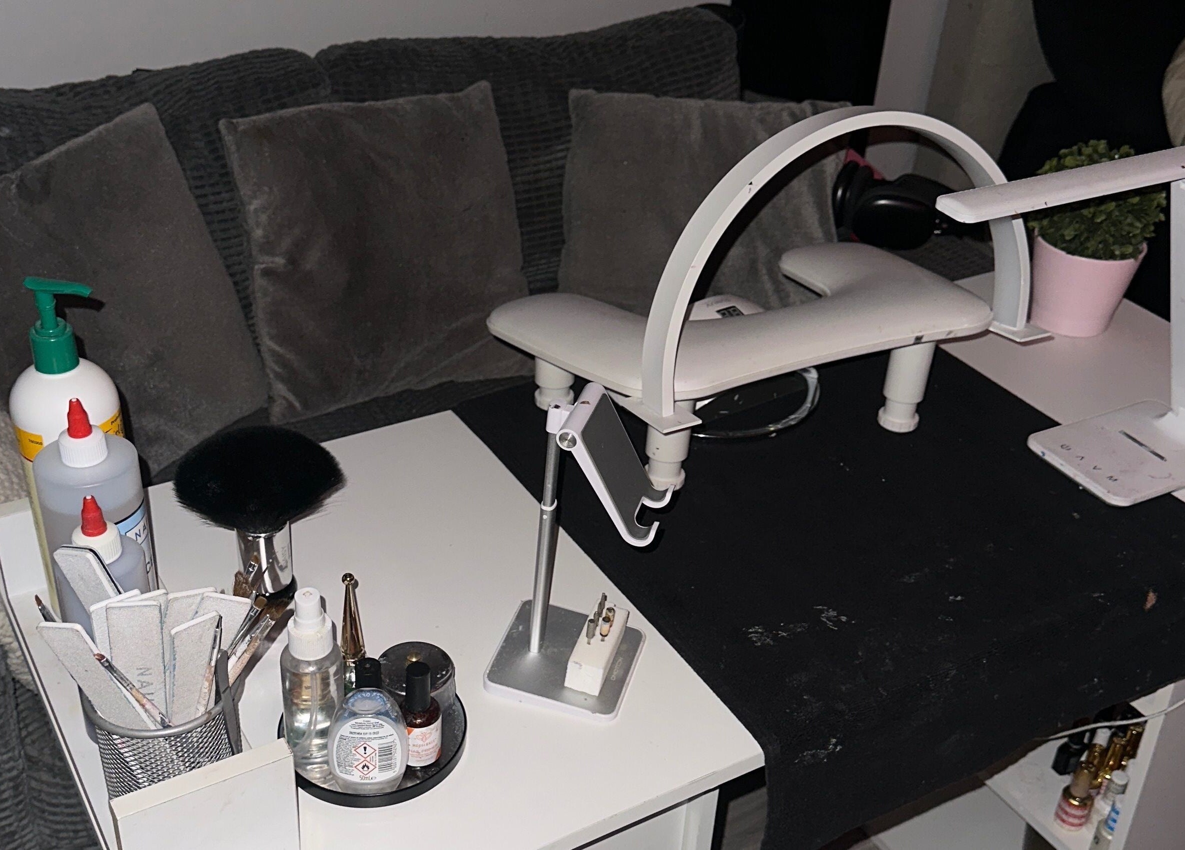 Nail care station at Klawedlondon, London, England, GB showing tools and equipment for premium services.