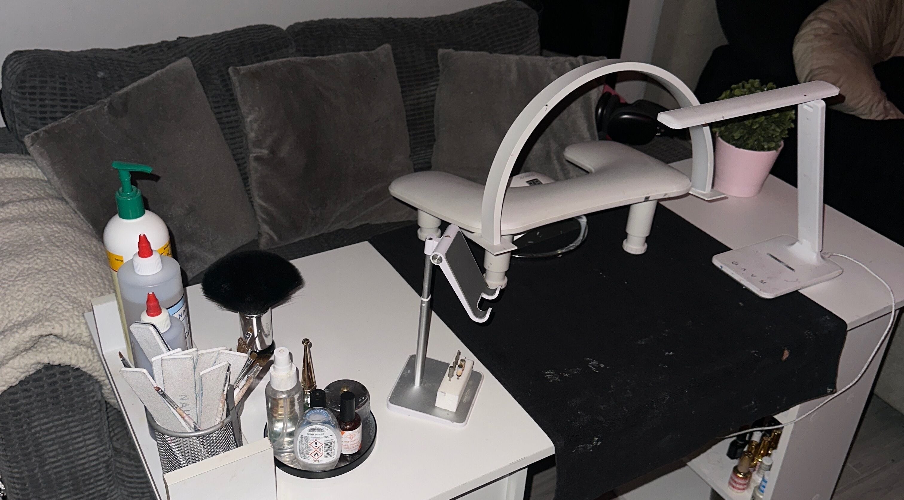 Nail care station at Klawedlondon, London, England, GB showing tools and equipment for premium services.