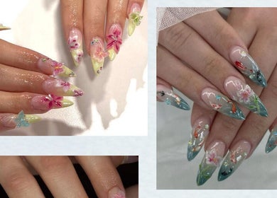 Intricate floral nail art at MochiBear Nails in Oslo, Oslo, NO, featuring vibrant 3D designs.