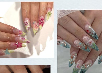Intricate floral nail art at MochiBear Nails, Oslo, Oslo, NO. Showcasing vibrant colors and delicate designs.