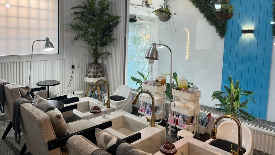 Elegant interior of Moon Spa in Dammam, Eastern Province, SA with luxurious pedicure stations.