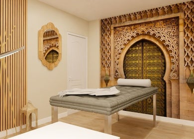 Salle de soins élégante à Eden Beauty Concept, Presles, Île-de-france, FR avec motifs orientaux.