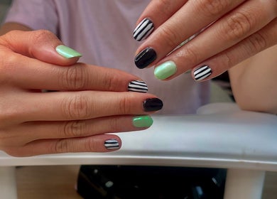 Elegant striped and mint nail design at The Nail Nest by Shannen, Limerick, County Limerick, IE.