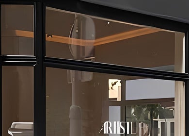 Front window of Artist Lab displaying interior design, Amsterdam, Noord-Holland, NL.