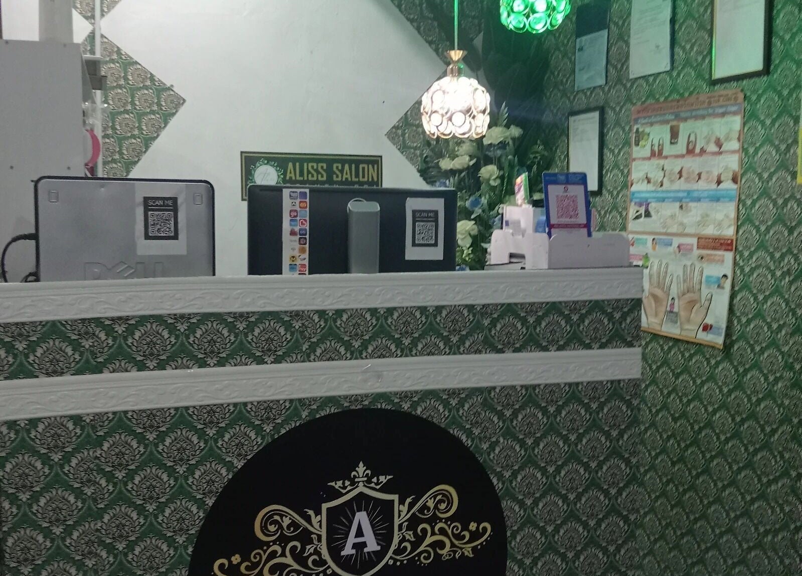 Reception at Aliss Salon Beauty Spa, Kuah, Kedah, MY, showcasing elegant decor and customer service area.