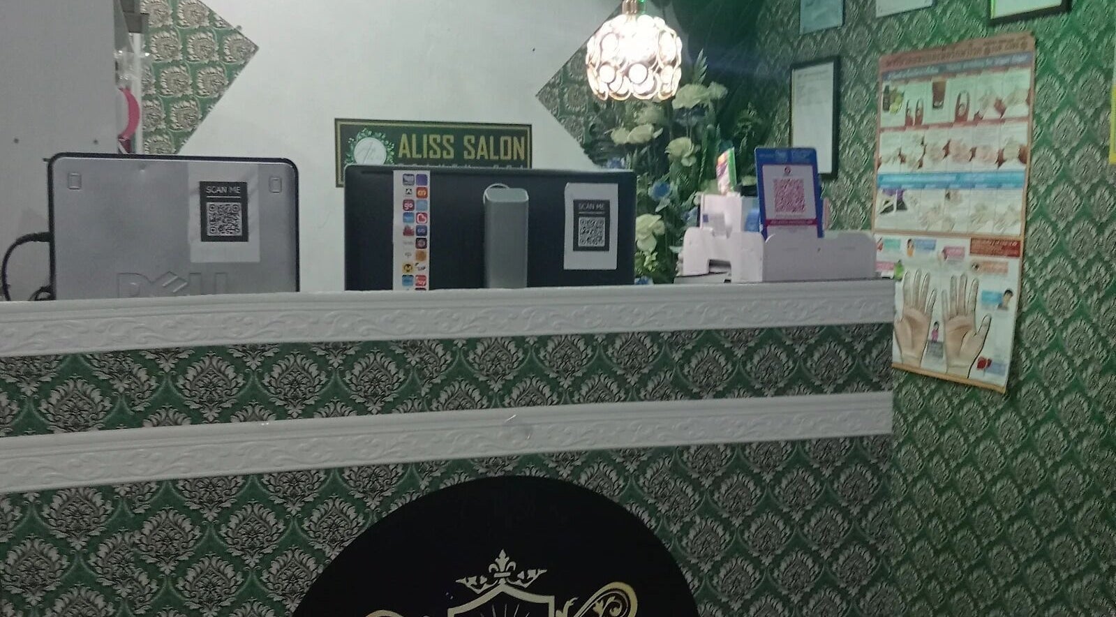 Reception at Aliss Salon Beauty Spa, Kuah, Kedah, MY, showcasing elegant decor and customer service area.