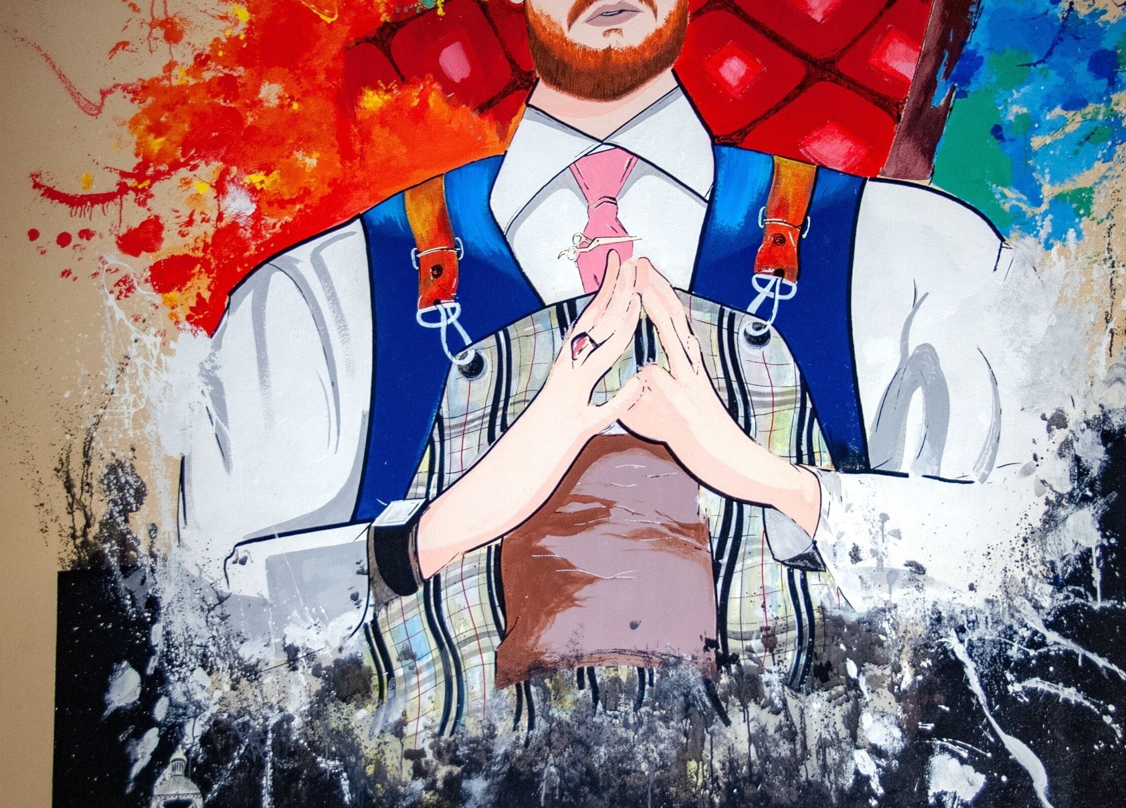 Τοίχος τέχνη στο Ferdinandos Barbershop, Ιωάννινα, GR με εντυπωσιακό αντρικό πορτραίτο.