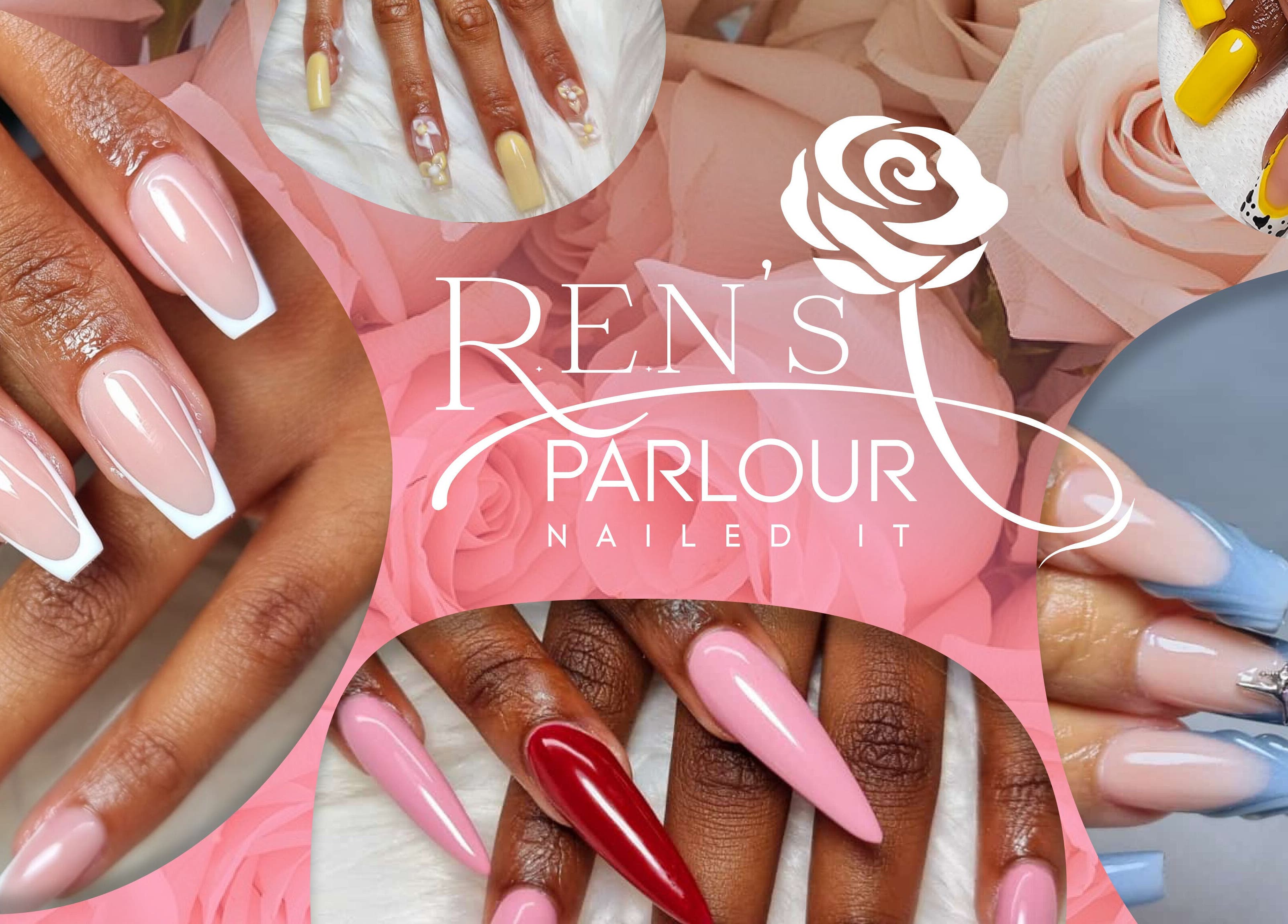 R.E.N's Parlour in Brakpan, Gauteng, ZA showcases diverse and elegant nail art designs with unique colors and patterns.