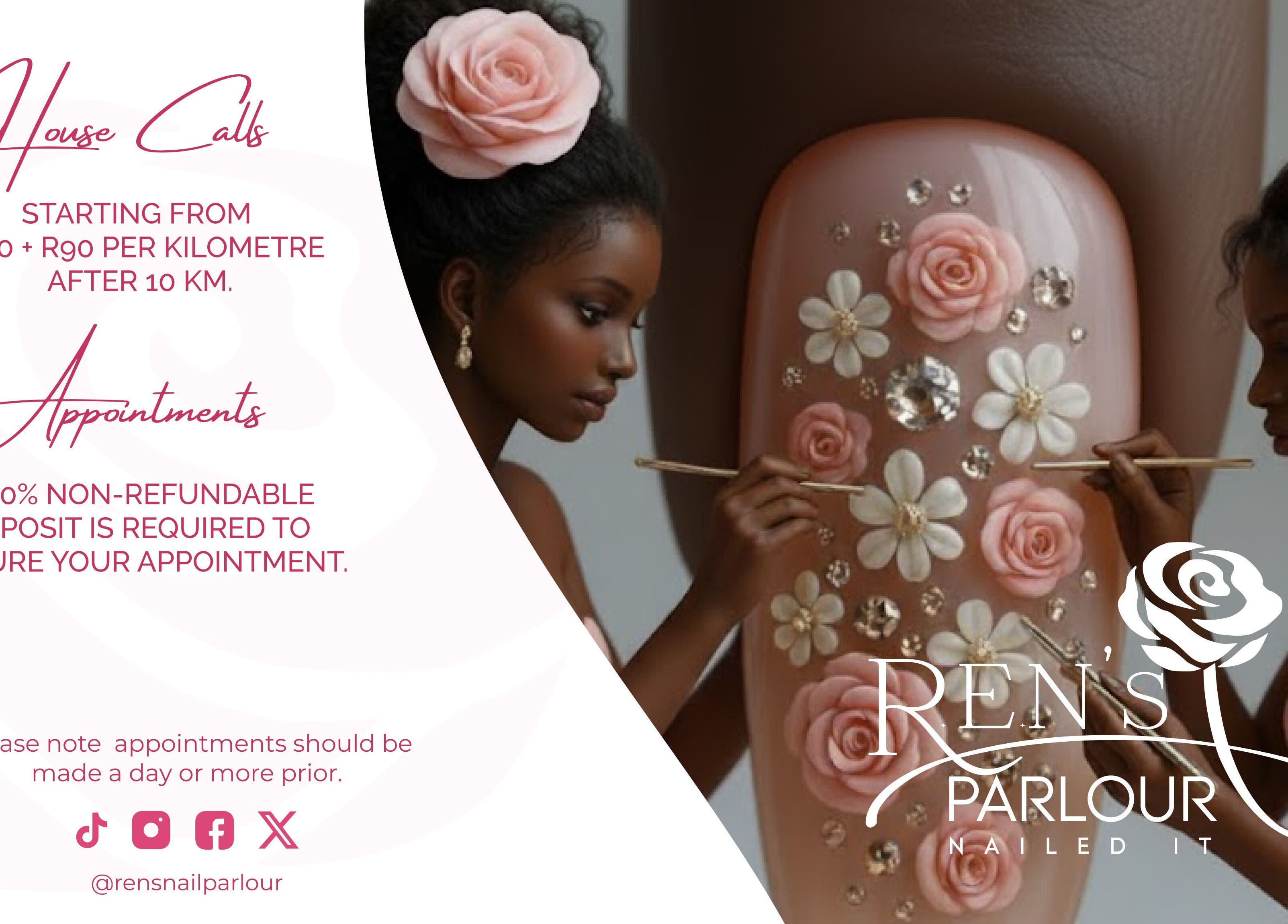 Glamorous nail art at R.E.N's Parlour, Brakpan, Gauteng, ZA featuring intricate floral and gem designs.