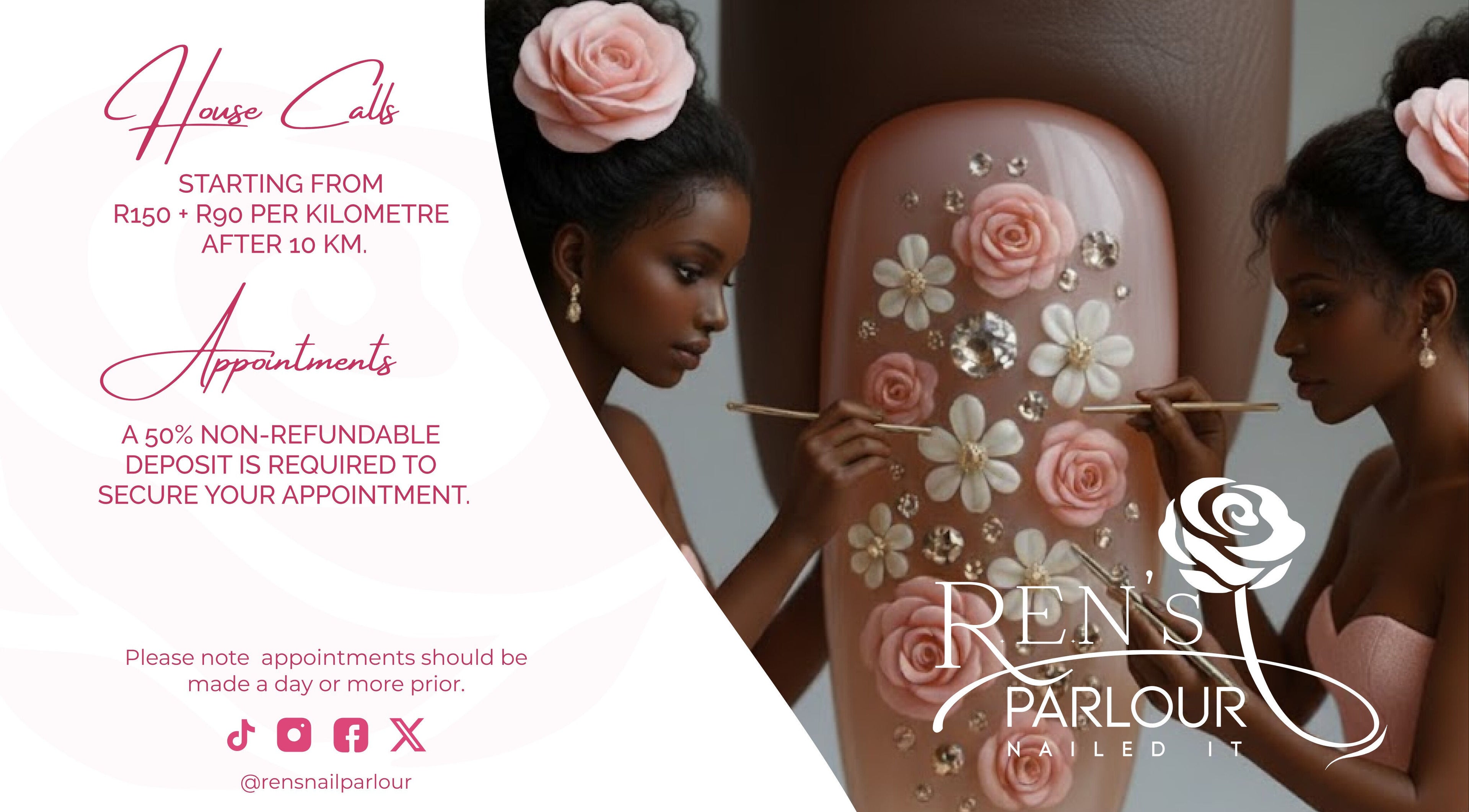 Glamorous nail art at R.E.N's Parlour, Brakpan, Gauteng, ZA featuring intricate floral and gem designs.
