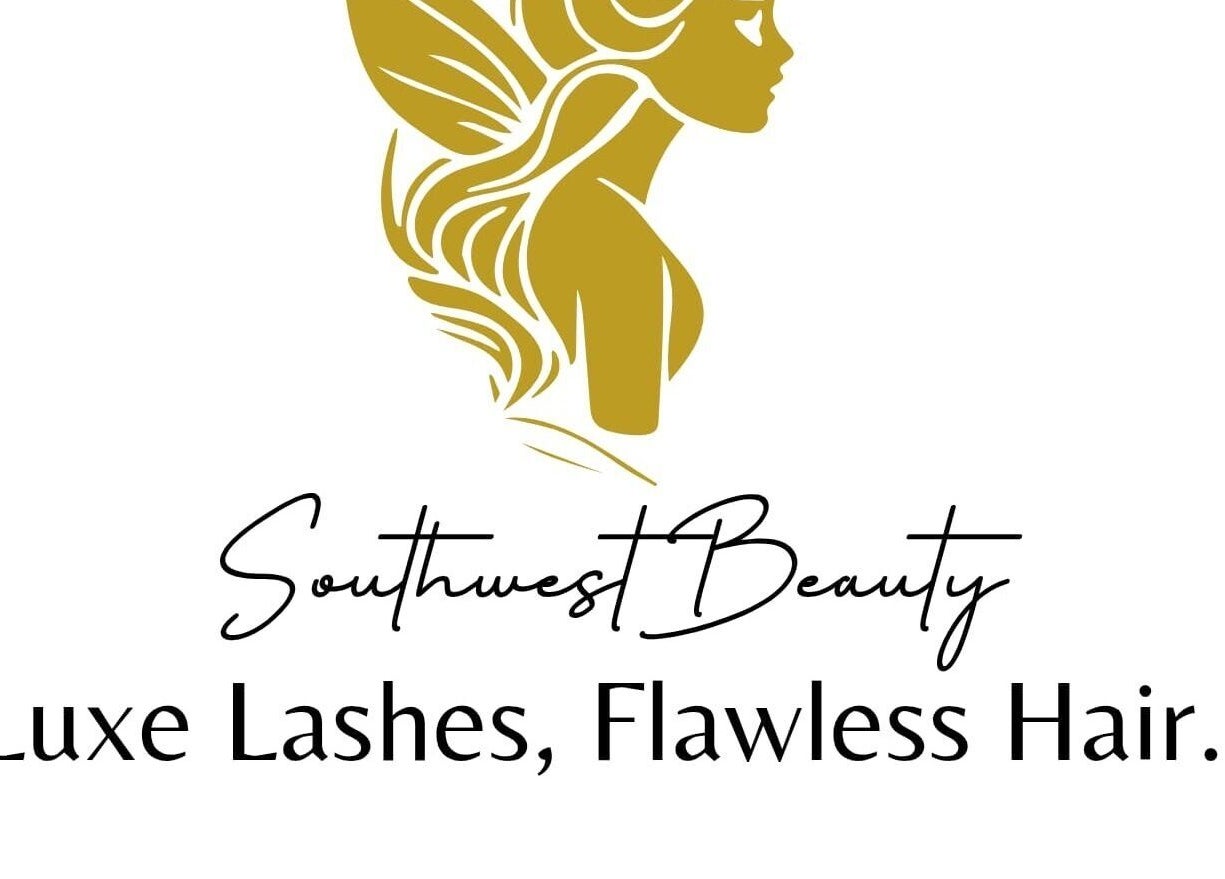 Southwestbeauty_ logo in gold, Windhoek, Khomas Region, NA, with 'Luxe Lashes, Flawless Hair' tagline.