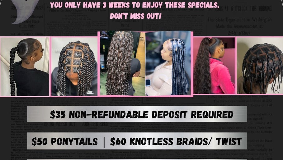 Stylish braids and twists at Pretty Girl Escape, Rices, Saint Philip, BB. Limited time specials available.