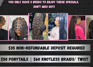 Stylish braids and twists at Pretty Girl Escape, Rices, Saint Philip, BB. Limited time specials available.