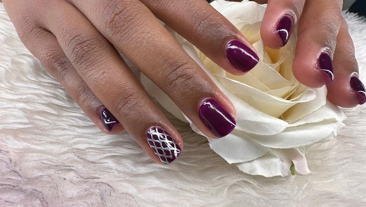 Elegant plum nail art with silver lattice at NailsbyAjita, Northwood, England, GB.