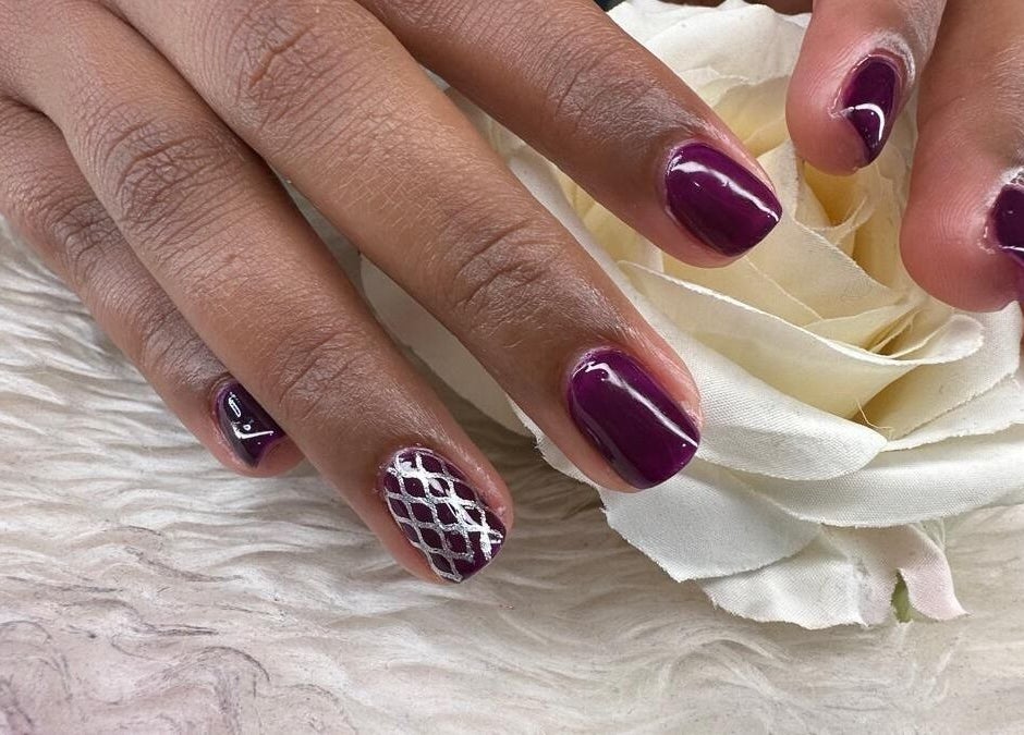 Elegant plum nail art with silver lattice at NailsbyAjita, Northwood, England, GB.