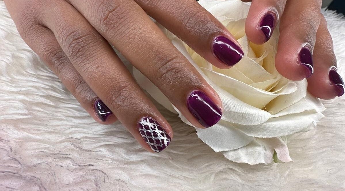 Elegant plum nail art with silver lattice at NailsbyAjita, Northwood, England, GB.