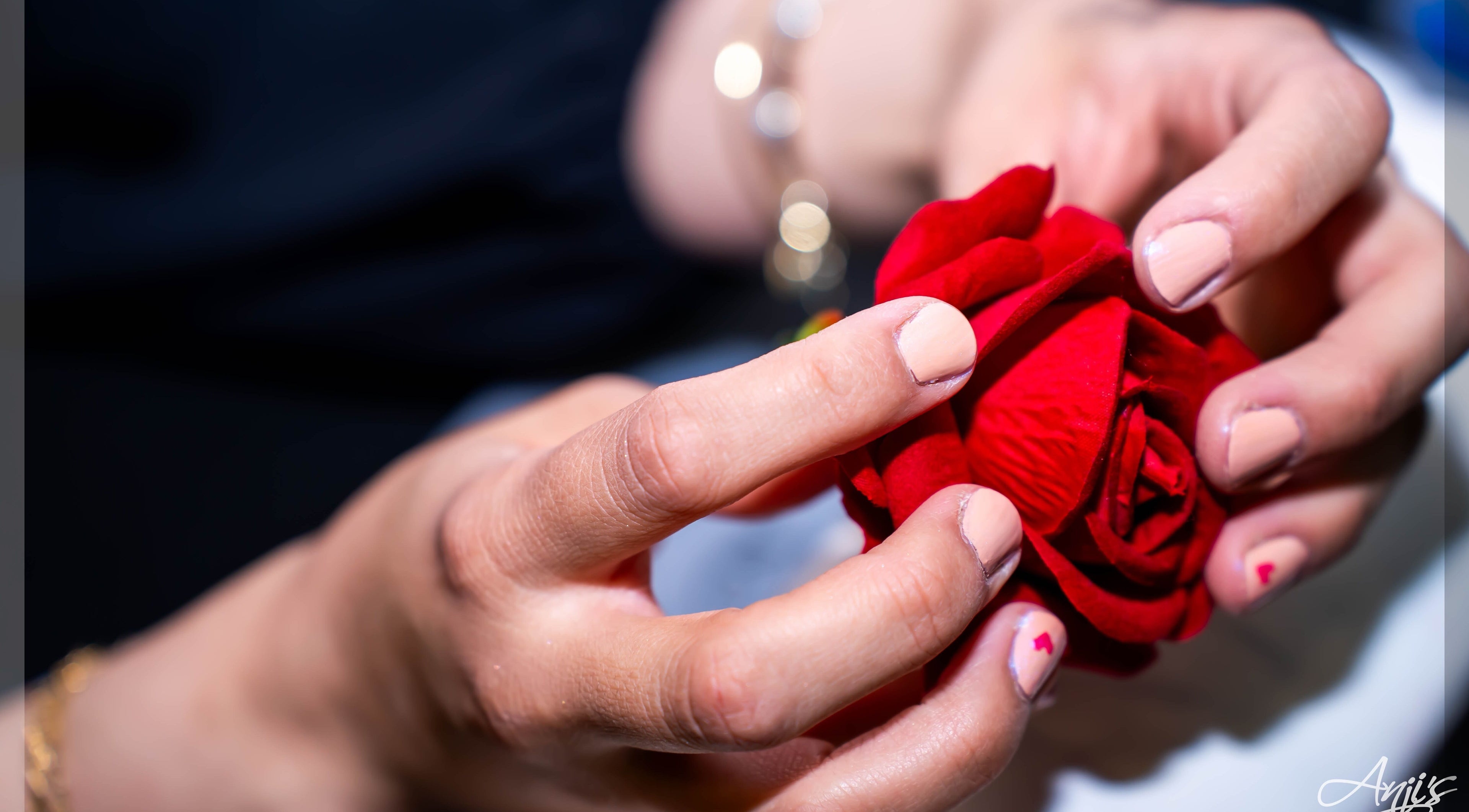 Manicured hands holding a red rose at NailsbyAjita, Northwood, England, GB.