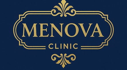 Sophisticated Menova sign in gold and navy, Greenford, England, GB.