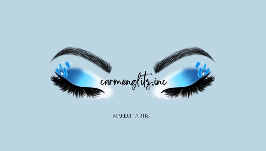Artistic makeup eyes at Carmenglitz.inc, New York, New York, US showcasing vibrant blue and black design.
